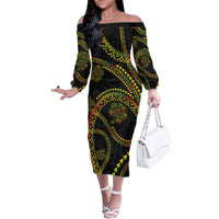 Hawaiian Kakau Art and Hisbiscus Tattoo Family Matching Off The Shoulder Long Sleeve Dress and Hawaiian Shirt Tribal Pattern-Reggae Style LT03 Mom's Dress Black - Polynesian Pride
