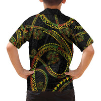 Hawaiian Kakau Art and Hisbiscus Tattoo Family Matching Off Shoulder Maxi Dress and Hawaiian Shirt Tribal Pattern-Reggae Style LT03 - Polynesian Pride