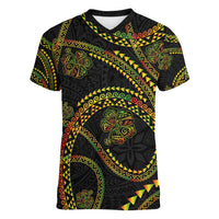 Hawaiian Kakau Art and Hisbiscus Tattoo Women V-Neck T-Shirt Tribal Pattern-Reggae Style LT03 Female Black - Polynesian Pride