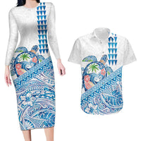 Hawaiian Abstract Sea Turtle Couples Matching Long Sleeve Bodycon Dress and Hawaiian Shirt Polynesian Tapa Art and Kakau Tattoo White WaterColor LT03 White - Polynesian Pride