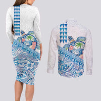 Hawaiian Abstract Sea Turtle Couples Matching Long Sleeve Bodycon Dress and Long Sleeve Button Shirt Polynesian Tapa Art and Kakau Tattoo White WaterColor LT03 - Polynesian Pride