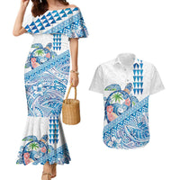 Hawaiian Abstract Sea Turtle Couples Matching Mermaid Dress and Hawaiian Shirt Polynesian Tapa Art and Kakau Tattoo White WaterColor LT03 White - Polynesian Pride