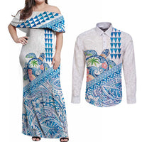 Hawaiian Abstract Sea Turtle Couples Matching Off Shoulder Maxi Dress and Long Sleeve Button Shirt Polynesian Tapa Art and Kakau Tattoo White WaterColor LT03 White - Polynesian Pride