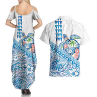Hawaiian Abstract Sea Turtle Couples Matching Summer Maxi Dress and Hawaiian Shirt Polynesian Tapa Art and Kakau Tattoo White WaterColor LT03 - Polynesian Pride