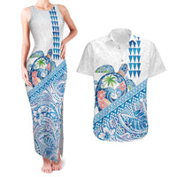 Hawaiian Abstract Sea Turtle Couples Matching Tank Maxi Dress and Hawaiian Shirt Polynesian Tapa Art and Kakau Tattoo White WaterColor LT03 White - Polynesian Pride