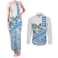 Hawaiian Abstract Sea Turtle Couples Matching Tank Maxi Dress and Long Sleeve Button Shirt Polynesian Tapa Art and Kakau Tattoo White WaterColor LT03 White - Polynesian Pride