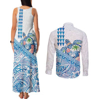 Hawaiian Abstract Sea Turtle Couples Matching Tank Maxi Dress and Long Sleeve Button Shirt Polynesian Tapa Art and Kakau Tattoo White WaterColor LT03 - Polynesian Pride
