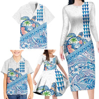 Hawaiian Abstract Sea Turtle Family Matching Long Sleeve Bodycon Dress and Hawaiian Shirt Polynesian Tapa Art and Kakau Tattoo White WaterColor LT03 - Polynesian Pride