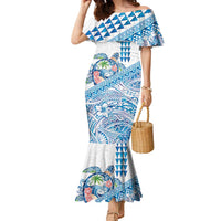 Hawaiian Abstract Sea Turtle Family Matching Mermaid Dress and Hawaiian Shirt Polynesian Tapa Art and Kakau Tattoo White WaterColor LT03 Mom's Dress White - Polynesian Pride