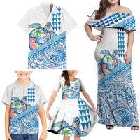 Hawaiian Abstract Sea Turtle Family Matching Off Shoulder Maxi Dress and Hawaiian Shirt Polynesian Tapa Art and Kakau Tattoo White WaterColor LT03 - Polynesian Pride