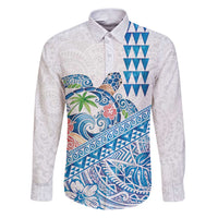 Hawaiian Abstract Sea Turtle Family Matching Puletasi and Hawaiian Shirt Polynesian Tapa Art and Kakau Tattoo White WaterColor LT03 Dad's Shirt - Long Sleeve White - Polynesian Pride