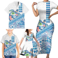 Hawaiian Abstract Sea Turtle Family Matching Short Sleeve Bodycon Dress and Hawaiian Shirt Polynesian Tapa Art and Kakau Tattoo White WaterColor LT03 - Polynesian Pride