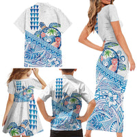 Hawaiian Abstract Sea Turtle Family Matching Short Sleeve Bodycon Dress and Hawaiian Shirt Polynesian Tapa Art and Kakau Tattoo White WaterColor LT03 - Polynesian Pride