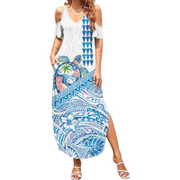 Hawaiian Abstract Sea Turtle Family Matching Summer Maxi Dress and Hawaiian Shirt Polynesian Tapa Art and Kakau Tattoo White WaterColor LT03 Mom's Dress White - Polynesian Pride