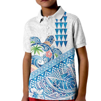 Hawaiian Abstract Sea Turtle Kid Polo Shirt Polynesian Tapa Art and Kakau Tattoo White WaterColor LT03 Kid White - Polynesian Pride