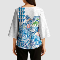 Hawaiian Abstract Sea Turtle Kimono Sleeve Blouse Polynesian Tapa Art and Kakau Tattoo White WaterColor LT03 - Polynesian Pride