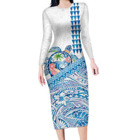 Hawaiian Abstract Sea Turtle Long Sleeve Bodycon Dress Polynesian Tapa Art and Kakau Tattoo White WaterColor LT03 Long Dress White - Polynesian Pride