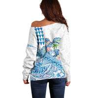 Hawaiian Abstract Sea Turtle Off Shoulder Sweater Polynesian Tapa Art and Kakau Tattoo White WaterColor LT03 - Polynesian Pride