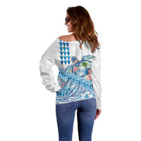 Hawaiian Abstract Sea Turtle Off Shoulder Sweater Polynesian Tapa Art and Kakau Tattoo White WaterColor LT03 - Polynesian Pride