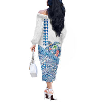 Hawaiian Abstract Sea Turtle Off The Shoulder Long Sleeve Dress Polynesian Tapa Art and Kakau Tattoo White WaterColor LT03 - Polynesian Pride