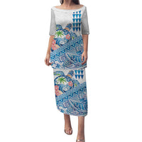 Hawaiian Abstract Sea Turtle Puletasi Polynesian Tapa Art and Kakau Tattoo White WaterColor LT03 Long Dress White - Polynesian Pride