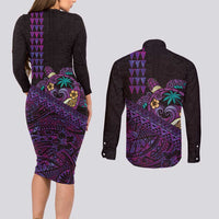Hawaiian Abstract Sea Turtle Couples Matching Long Sleeve Bodycon Dress and Long Sleeve Button Shirt Polynesian Tapa Art and Kakau Tattoo Purple WaterColor LT03 - Polynesian Pride