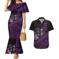 Hawaiian Abstract Sea Turtle Couples Matching Mermaid Dress and Hawaiian Shirt Polynesian Tapa Art and Kakau Tattoo Purple WaterColor LT03 Black - Polynesian Pride