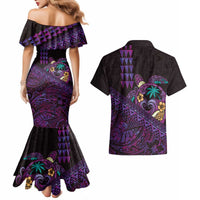Hawaiian Abstract Sea Turtle Couples Matching Mermaid Dress and Hawaiian Shirt Polynesian Tapa Art and Kakau Tattoo Purple WaterColor LT03 - Polynesian Pride