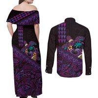 Hawaiian Abstract Sea Turtle Couples Matching Off Shoulder Maxi Dress and Long Sleeve Button Shirt Polynesian Tapa Art and Kakau Tattoo Purple WaterColor LT03 - Polynesian Pride