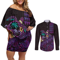 Hawaiian Abstract Sea Turtle Couples Matching Off Shoulder Short Dress and Long Sleeve Button Shirt Polynesian Tapa Art and Kakau Tattoo Purple WaterColor LT03 Black - Polynesian Pride