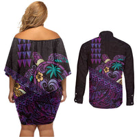 Hawaiian Abstract Sea Turtle Couples Matching Off Shoulder Short Dress and Long Sleeve Button Shirt Polynesian Tapa Art and Kakau Tattoo Purple WaterColor LT03 - Polynesian Pride