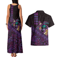 Hawaiian Abstract Sea Turtle Couples Matching Tank Maxi Dress and Hawaiian Shirt Polynesian Tapa Art and Kakau Tattoo Purple WaterColor LT03 - Polynesian Pride