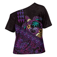 Hawaiian Abstract Sea Turtle Cross Shoulder Shirt Polynesian Tapa Art and Kakau Tattoo Purple WaterColor LT03 - Polynesian Pride