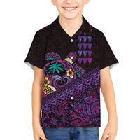 Hawaiian Abstract Sea Turtle Kid Hawaiian Shirt Polynesian Tapa Art and Kakau Tattoo Purple WaterColor LT03 Kid Black - Polynesian Pride