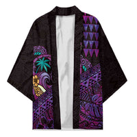 Hawaiian Abstract Sea Turtle Kimono Polynesian Tapa Art and Kakau Tattoo Purple WaterColor LT03 Unisex Black - Polynesian Pride