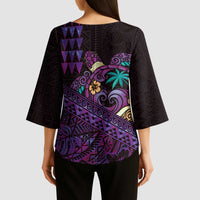 Hawaiian Abstract Sea Turtle Kimono Sleeve Blouse Polynesian Tapa Art and Kakau Tattoo Purple WaterColor LT03 - Polynesian Pride