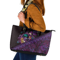 Hawaiian Abstract Sea Turtle Leather Tote Bag Polynesian Tapa Art and Kakau Tattoo Purple WaterColor LT03 Black - Polynesian Pride