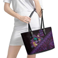 Hawaiian Abstract Sea Turtle Leather Tote Bag Polynesian Tapa Art and Kakau Tattoo Purple WaterColor LT03 - Polynesian Pride