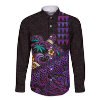 Hawaiian Abstract Sea Turtle Long Sleeve Button Shirt Polynesian Tapa Art and Kakau Tattoo Purple WaterColor LT03 Unisex Black - Polynesian Pride