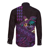 Hawaiian Abstract Sea Turtle Long Sleeve Button Shirt Polynesian Tapa Art and Kakau Tattoo Purple WaterColor LT03 - Polynesian Pride
