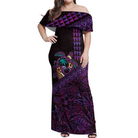 Hawaiian Abstract Sea Turtle Off Shoulder Maxi Dress Polynesian Tapa Art and Kakau Tattoo Purple WaterColor LT03 Women Black - Polynesian Pride