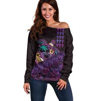 Hawaiian Abstract Sea Turtle Off Shoulder Sweater Polynesian Tapa Art and Kakau Tattoo Purple WaterColor LT03 Women Black - Polynesian Pride