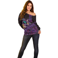 Hawaiian Abstract Sea Turtle Off Shoulder Sweater Polynesian Tapa Art and Kakau Tattoo Purple WaterColor LT03 - Polynesian Pride