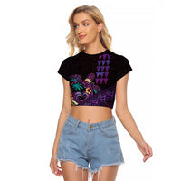 Hawaiian Abstract Sea Turtle Raglan Cropped T Shirt Polynesian Tapa Art and Kakau Tattoo Purple WaterColor LT03 Female Black - Polynesian Pride