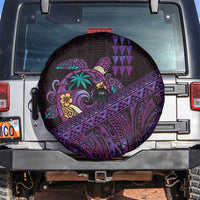 Hawaiian Abstract Sea Turtle Spare Tire Cover Polynesian Tapa Art and Kakau Tattoo Purple WaterColor LT03 Black - Polynesian Pride