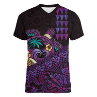 Hawaiian Abstract Sea Turtle Women V-Neck T-Shirt Polynesian Tapa Art and Kakau Tattoo Purple WaterColor LT03 Female Black - Polynesian Pride