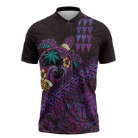 Hawaiian Abstract Sea Turtle Zipper Polo Shirt Polynesian Tapa Art and Kakau Tattoo Purple WaterColor LT03 Black - Polynesian Pride