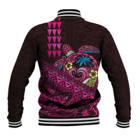 Hawaiian Abstract Sea Turtle Baseball Jacket Polynesian Tapa Art and Kakau Tattoo Pink WaterColor LT03 - Polynesian Pride