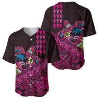 Hawaiian Abstract Sea Turtle Baseball Jersey Polynesian Tapa Art and Kakau Tattoo Pink WaterColor LT03 - Polynesian Pride