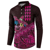 Hawaiian Abstract Sea Turtle Button Sweatshirt Polynesian Tapa Art and Kakau Tattoo Pink WaterColor - Polynesian Pride